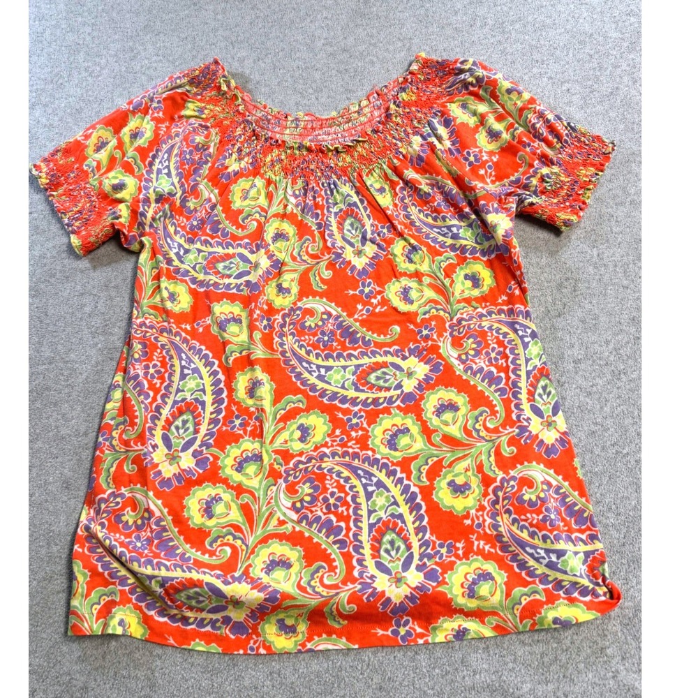 Lauren Ralph Lauren Paisley Top Womens Large Orange Smocked Boho Peasant Shirt